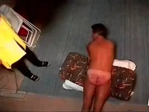 Poster: Naughty husband put on the floor and whipped sadistically with the single tail.